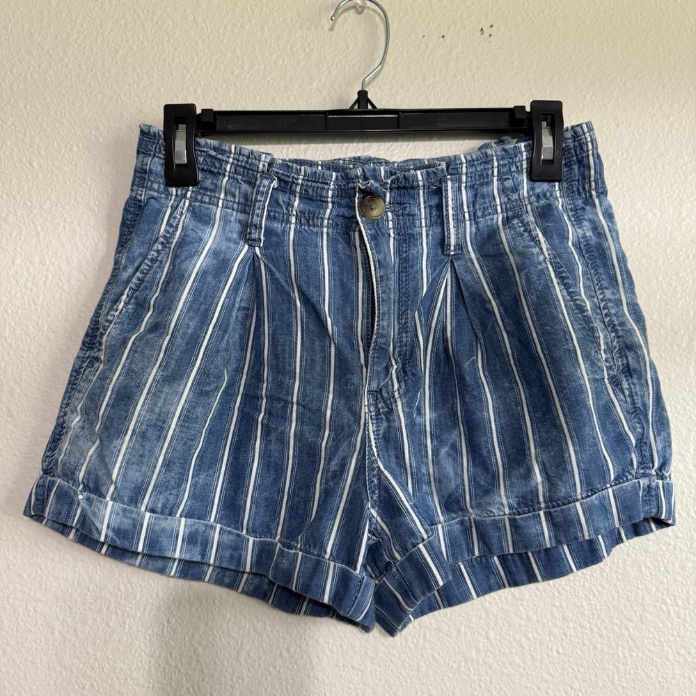 American Eagle Jean Shorts Womens Size 2 Blue Striped Mom Style High Waist Linen